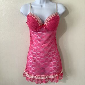 Vintage Y2K Hot Pink Sheer Lace Coquette Dollette Romantic Dainty Slip Dress S